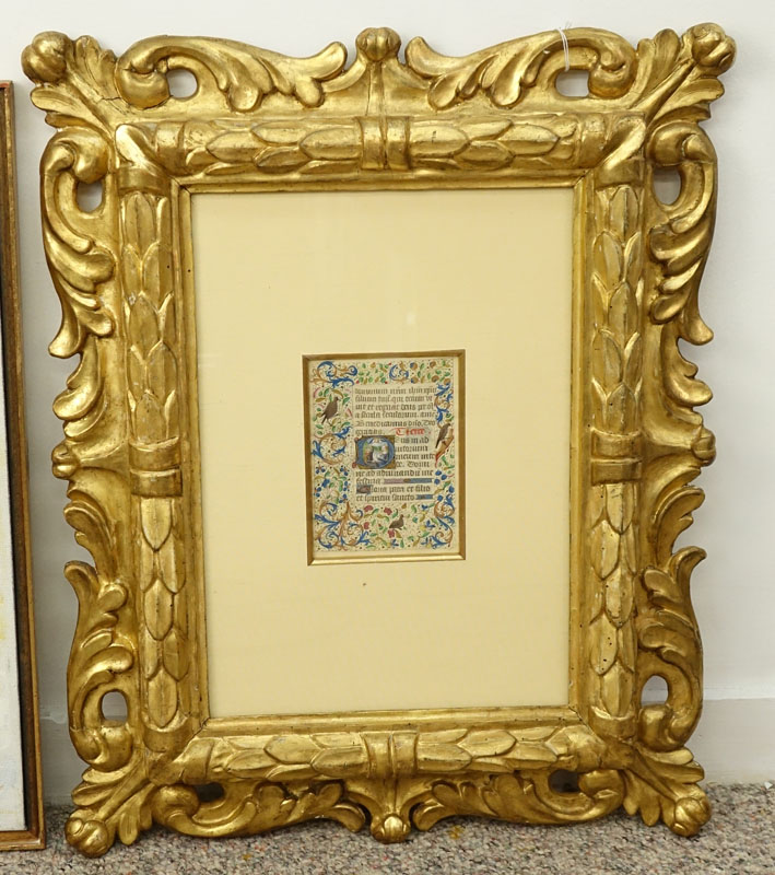 Early Hand Painted Illuminated Manuscript in finely carved and giltwood 19th Century Frame