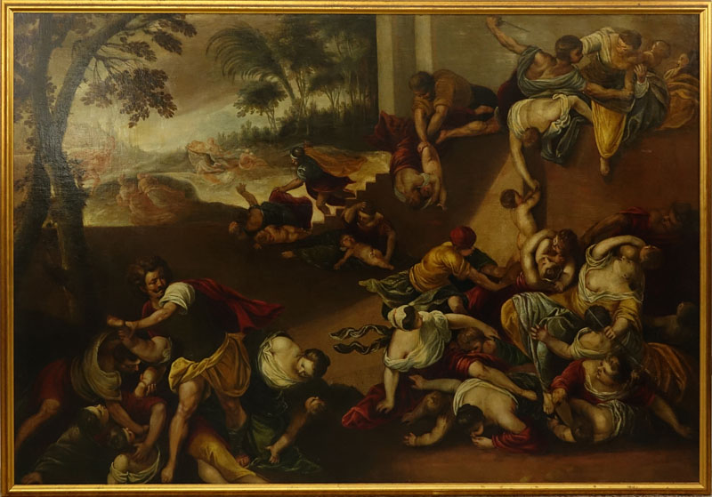 17th Century Italian Old Master Oil On Canvas, Possibly Follower Of Andrea Schiavone, Italian (born circa 1500-1563) "Massacre Of The Innocents" Unsigned