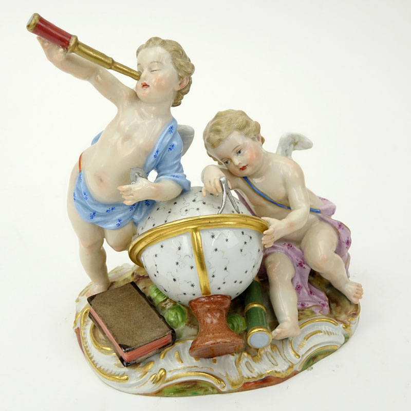 Circa 1860s Meissen Hand Painted Porcelain Cherub Astronomers Group