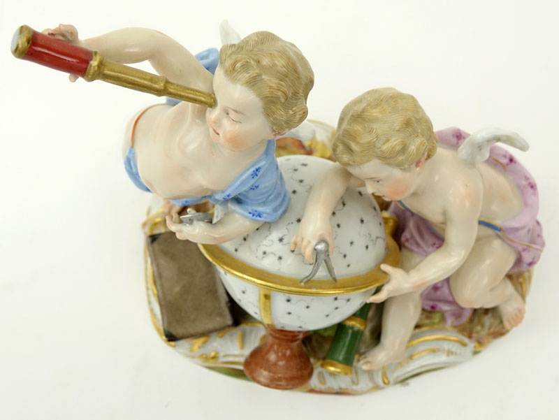 Circa 1860s Meissen Hand Painted Porcelain Cherub Astronomers Group