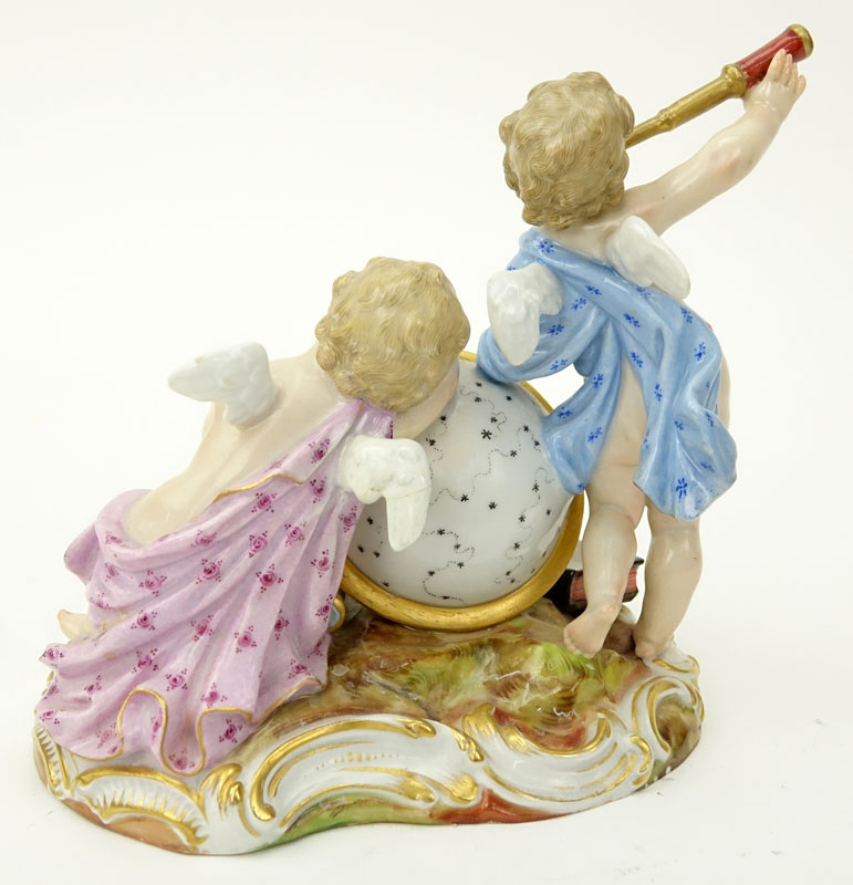 Circa 1860s Meissen Hand Painted Porcelain Cherub Astronomers Group