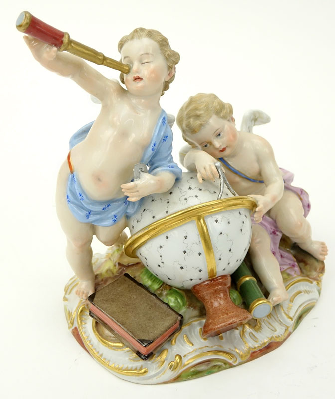 Circa 1860s Meissen Hand Painted Porcelain Cherub Astronomers Group