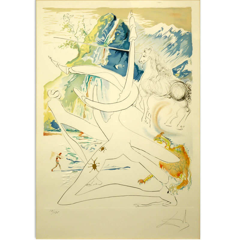 Salvador Dalí, Spanish (1904-1989) Circa 1974 Drypoint Etching and Lithograph in Colors, The conquest of the cosmos: the unicorn laser disintegrates the horns of cosmic rhinoceroses