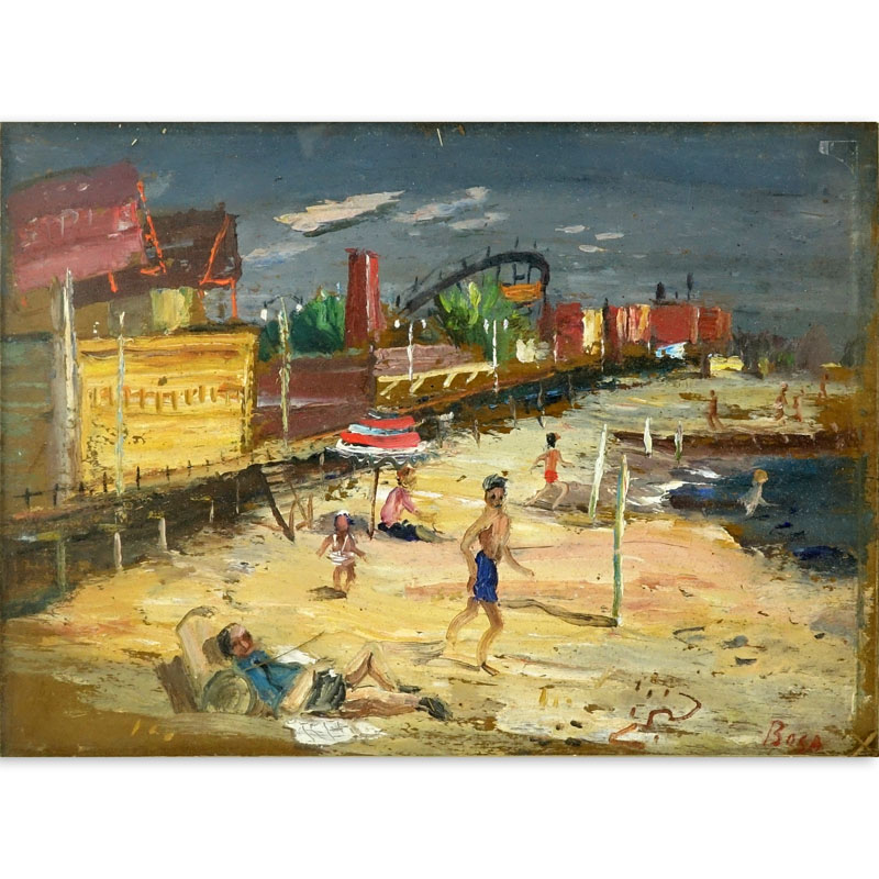 Louis Bosa, American  (1905 - 1981) Oil on board "Coney Island" Signed lower right, old gallery label en verso