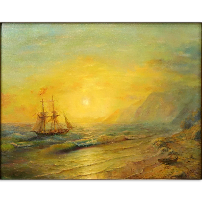 Russian Oil on Canvas, Ship at Sunset