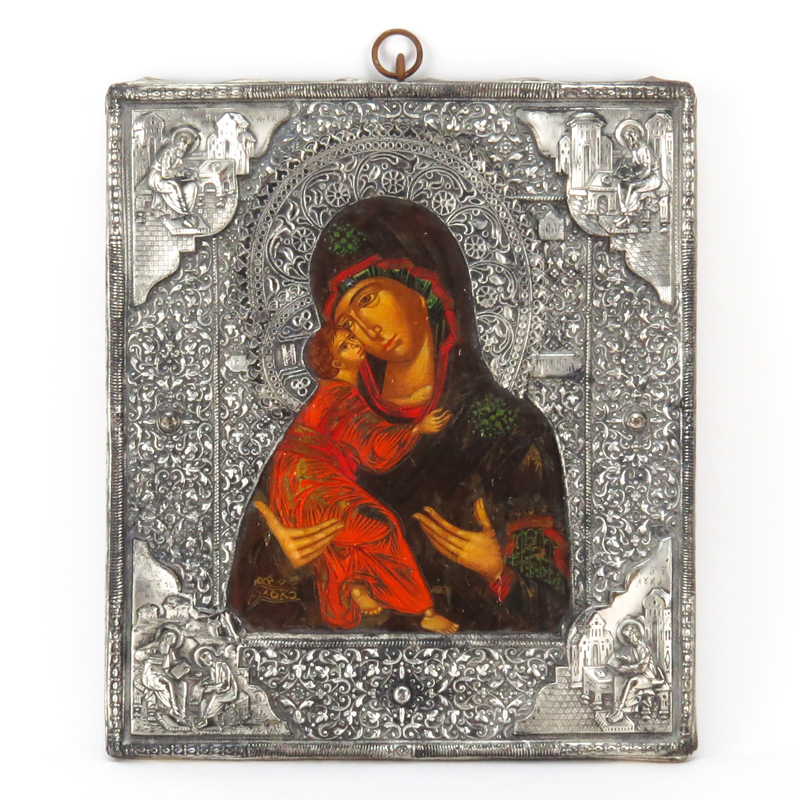 19th Century Russian Hand painted Wood Icon With Intricate Silver Plate Overlay Cover