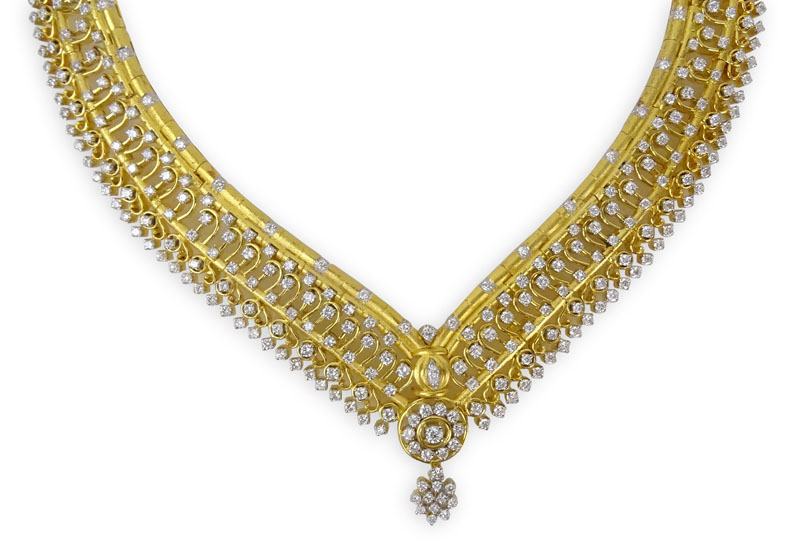 15.40 Carat Round Brilliant Cut Diamond and Heavy 18 Karat Yellow Gold Bib Necklace.