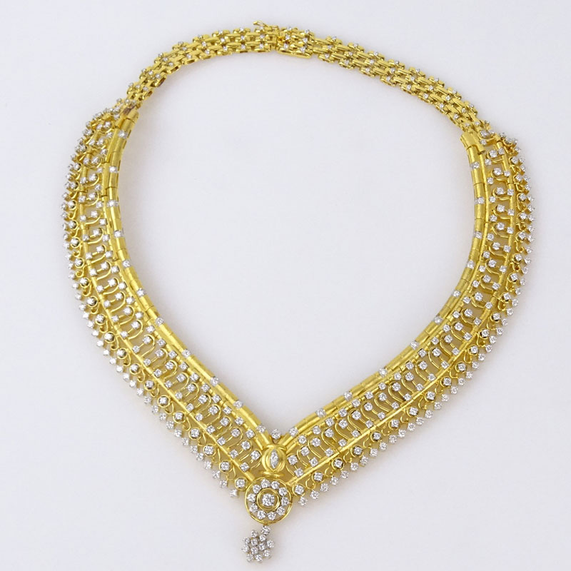 15.40 Carat Round Brilliant Cut Diamond and Heavy 18 Karat Yellow Gold Bib Necklace.