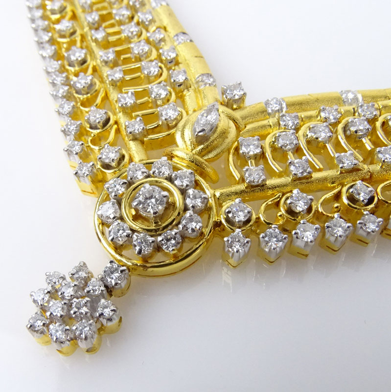 15.40 Carat Round Brilliant Cut Diamond and Heavy 18 Karat Yellow Gold Bib Necklace.