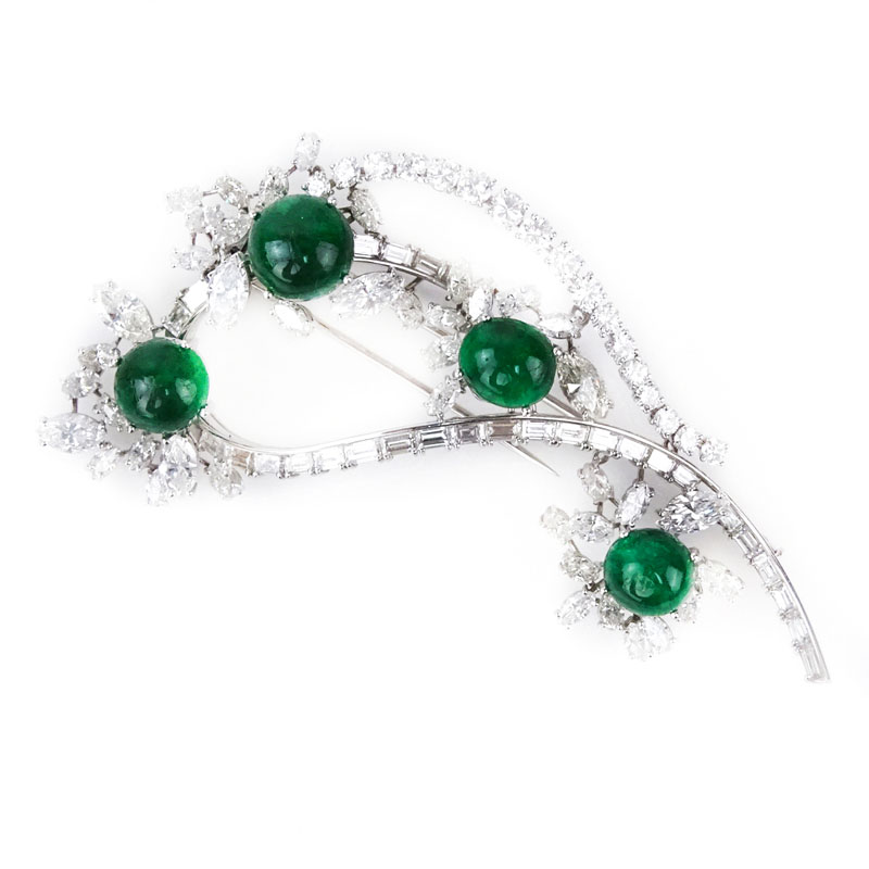 12.50 Carat Mixed Cut Diamond, 16.0 Carat Cabochon Emerald and Platinum Brooch.