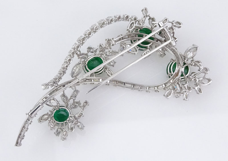 12.50 Carat Mixed Cut Diamond, 16.0 Carat Cabochon Emerald and Platinum Brooch.