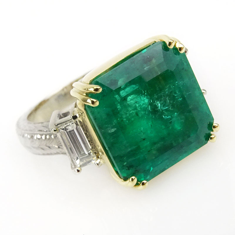  12.02 Carat Colombian Emerald, 1.10 carat Baguette Cut Diamond and 18 Karat Yellow and White Gold Ring. 