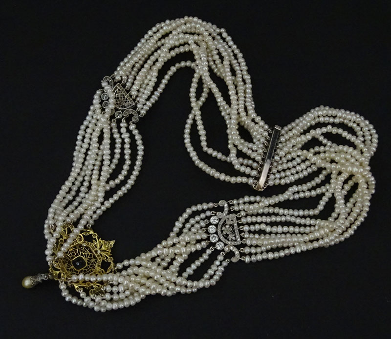  5.0 Carat Diamond, 1.0 Carat Sapphire, Pearl, 18 Karat Yellow Gold and Platinum Necklace. 