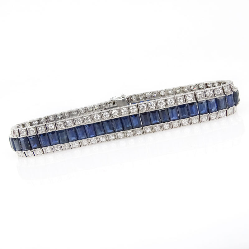  21.0 Carat Emerald Cut Sapphire, 6.50 carat Round Brilliant Cut Diamond and Platinum Bracelet. 