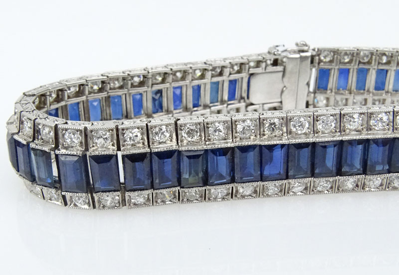  21.0 Carat Emerald Cut Sapphire, 6.50 carat Round Brilliant Cut Diamond and Platinum Bracelet. 