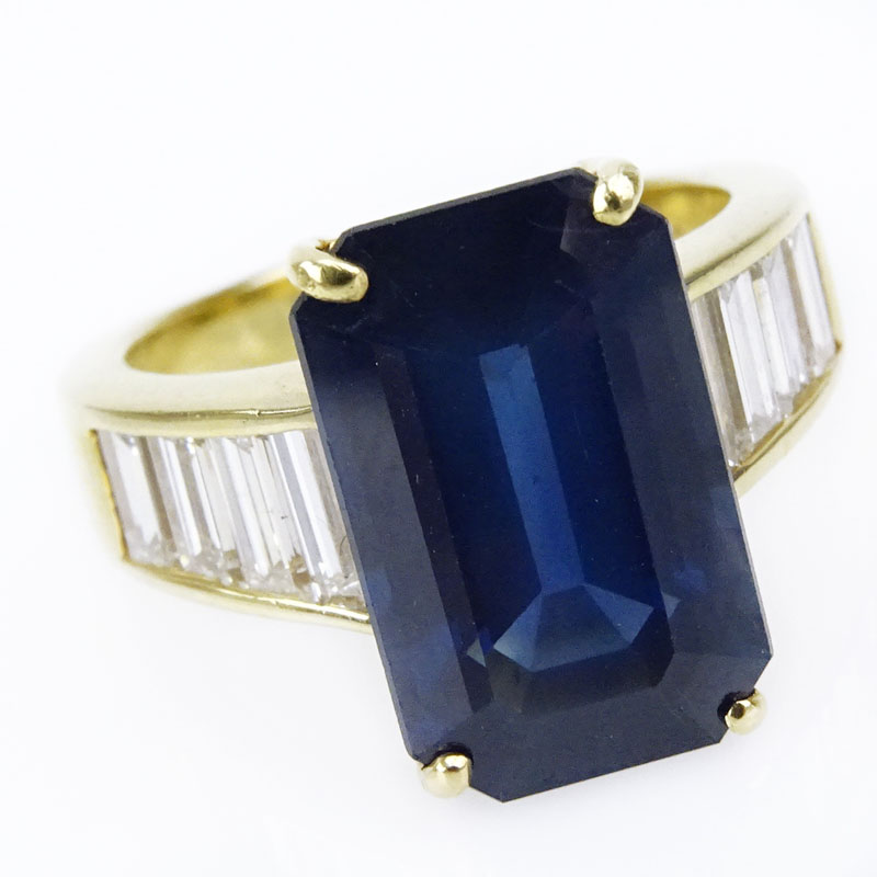 9.32 Carat Emerald Cut Sapphire, 2.05 Carat Baguette Cut Diamond and 18 Karat Yellow Gold Engagement Ring.