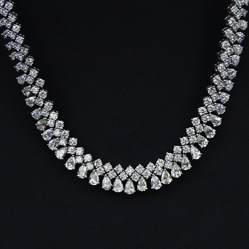 37.0 Carat Pear Shape and Round Brilliant Cut Diamond and 18 Karat White Gold Necklace.