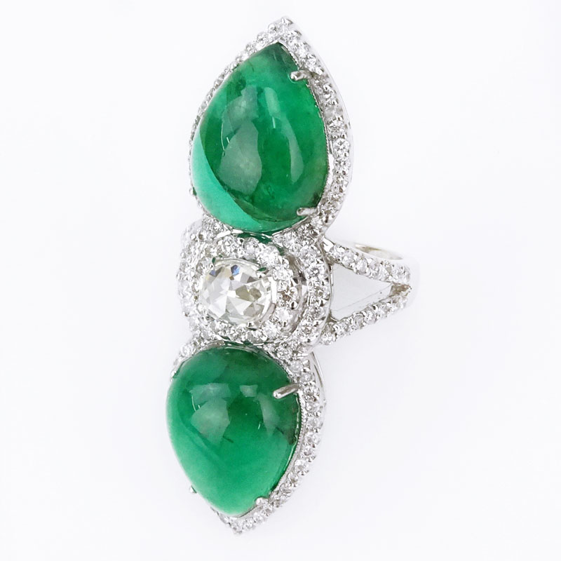 16.0 Carat Cabochon Emerald, 2.13 Carat Rose Cut and Pave Set Round Brilliant Cut Diamond and 18 Karat White Gold Ring.