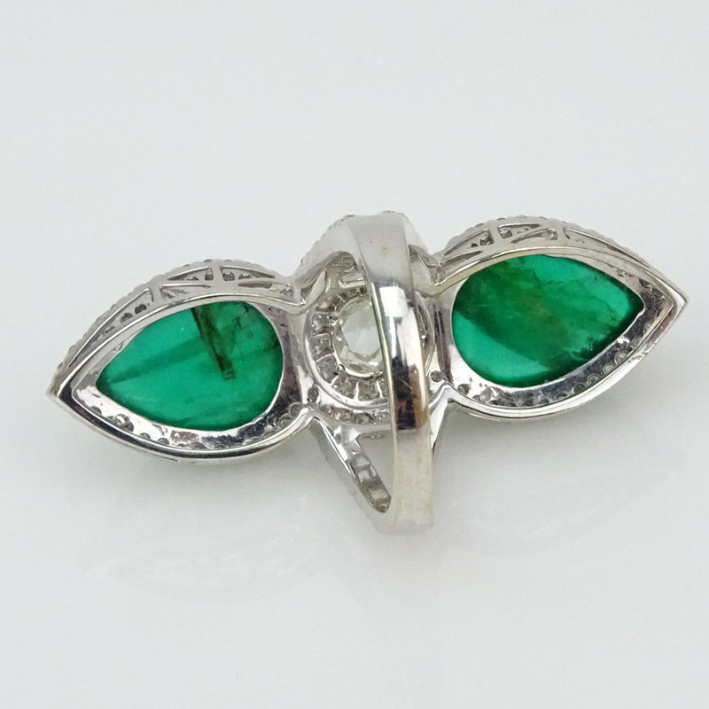 16.0 Carat Cabochon Emerald, 2.13 Carat Rose Cut and Pave Set Round Brilliant Cut Diamond and 18 Karat White Gold Ring.