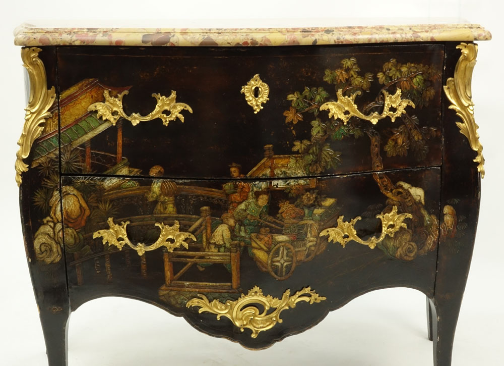 19th Century Louis XV  Bronze Mounted Lacquered Two Drawer Marble Top Commode