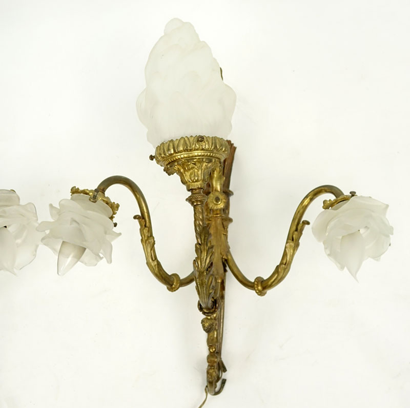 Pair of 19th Century Gilt Bronze 3 Light Wall Sconces with Frosted Glass Shades