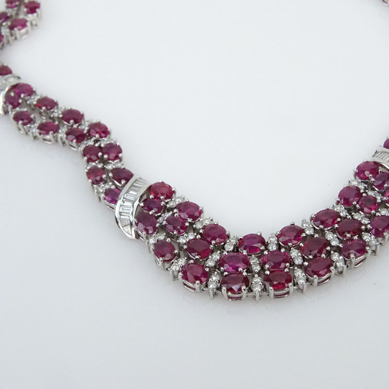 45.0 Carat Oval Cut Burma Ruby, 4.65 Carat Diamond and 18 Karat White Gold necklace. 