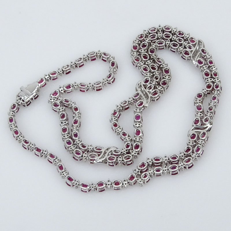 45.0 Carat Oval Cut Burma Ruby, 4.65 Carat Diamond and 18 Karat White Gold necklace. 