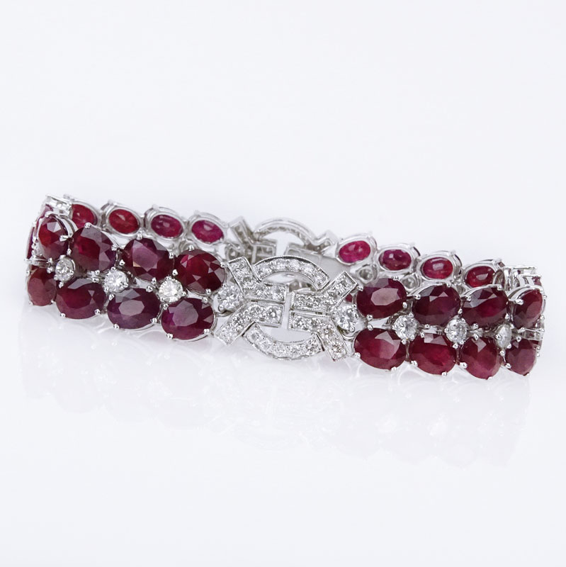 41.50 Carat Oval Cut Burma Ruby, 4.35 Carat Round Brilliant Cut Diamond and 18 Karat White Gold Bracelet. 