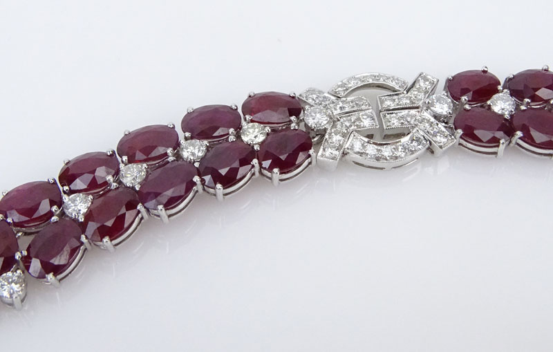 41.50 Carat Oval Cut Burma Ruby, 4.35 Carat Round Brilliant Cut Diamond and 18 Karat White Gold Bracelet. 