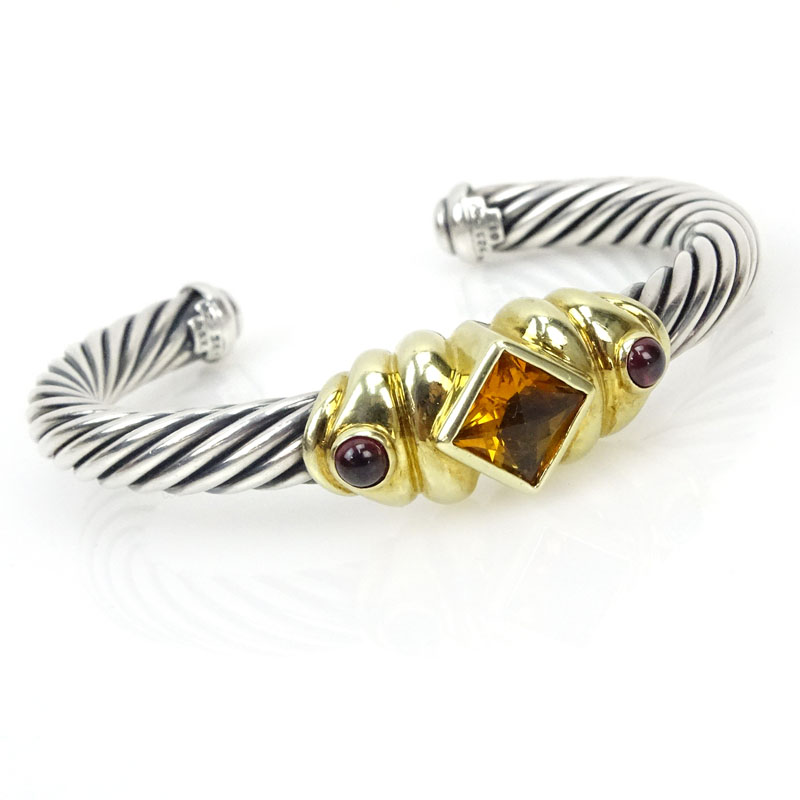 David Yurman Sterling Silver, 14 Karat Yellow Gold, Citrine and Amethyst Cuff Bracelet