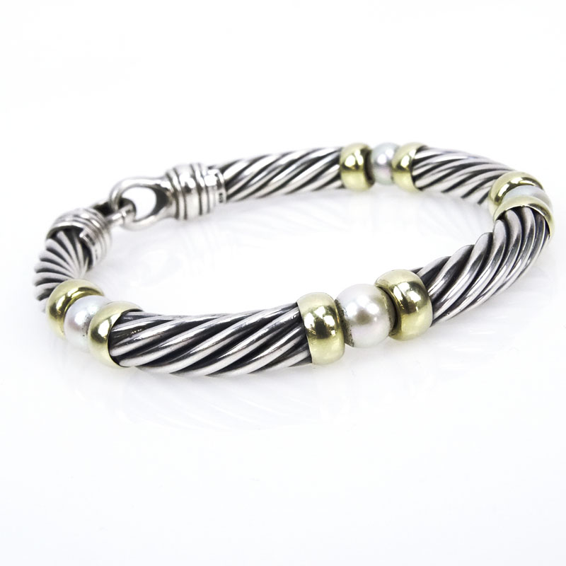 David Yurman Sterling Silver, 14 Karat Yellow Gold and Pearl Bracelet