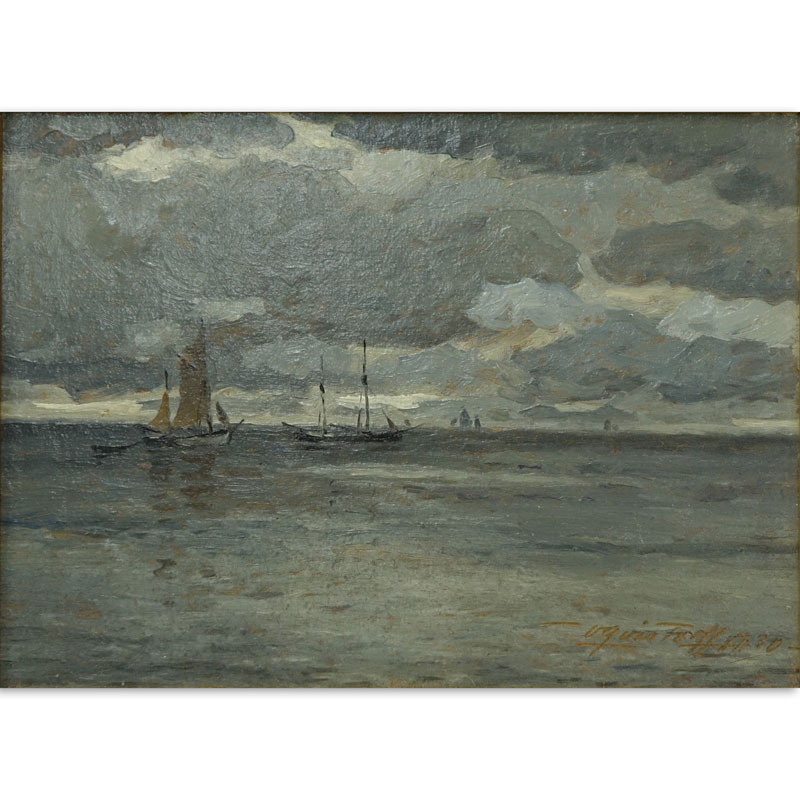 Victor Hugo Vilhelm Qvistorff, Danish (1883  - 1953) Oil on masonite "Sailing Ships On A Gray Day" Signed and dated 1930 lower right