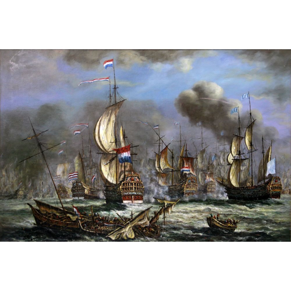 Palace Size Oil on Board, 1652-1674 Anglo-Dutch Wars Naval Battle Scene, Signed Lower Left