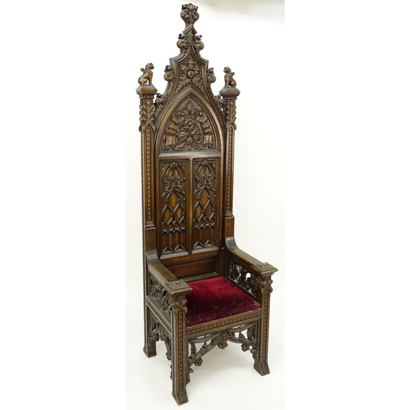 19th Century Gothic Revival Carved High Back  Chair with Velvet Seat