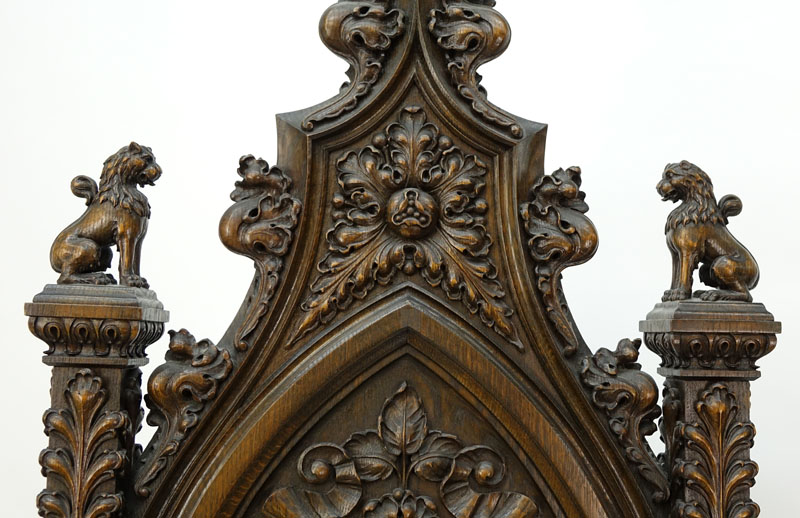 19th Century Gothic Revival Carved High Back  Chair with Velvet Seat