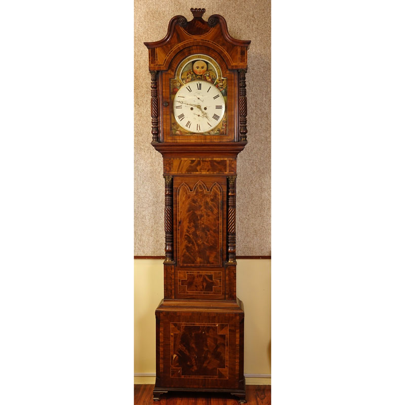 Antique Thomas Brown of Birmingham Carved Mahogany Burlwood Tall Case Grandfather Clock