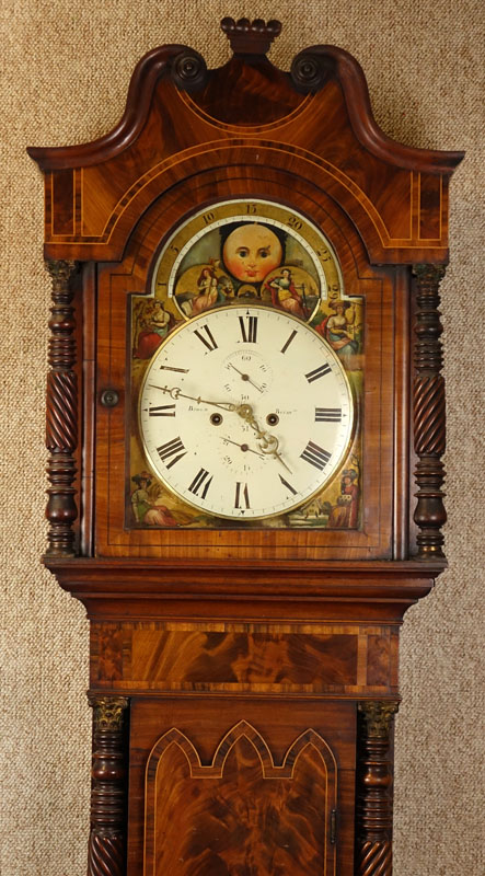 Antique Thomas Brown of Birmingham Carved Mahogany Burlwood Tall Case Grandfather Clock
