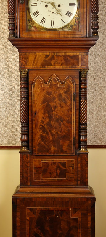 Antique Thomas Brown of Birmingham Carved Mahogany Burlwood Tall Case Grandfather Clock