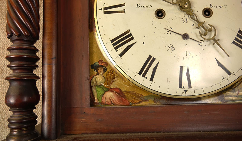 Antique Thomas Brown of Birmingham Carved Mahogany Burlwood Tall Case Grandfather Clock