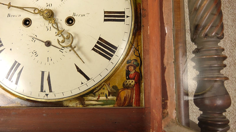 Antique Thomas Brown of Birmingham Carved Mahogany Burlwood Tall Case Grandfather Clock