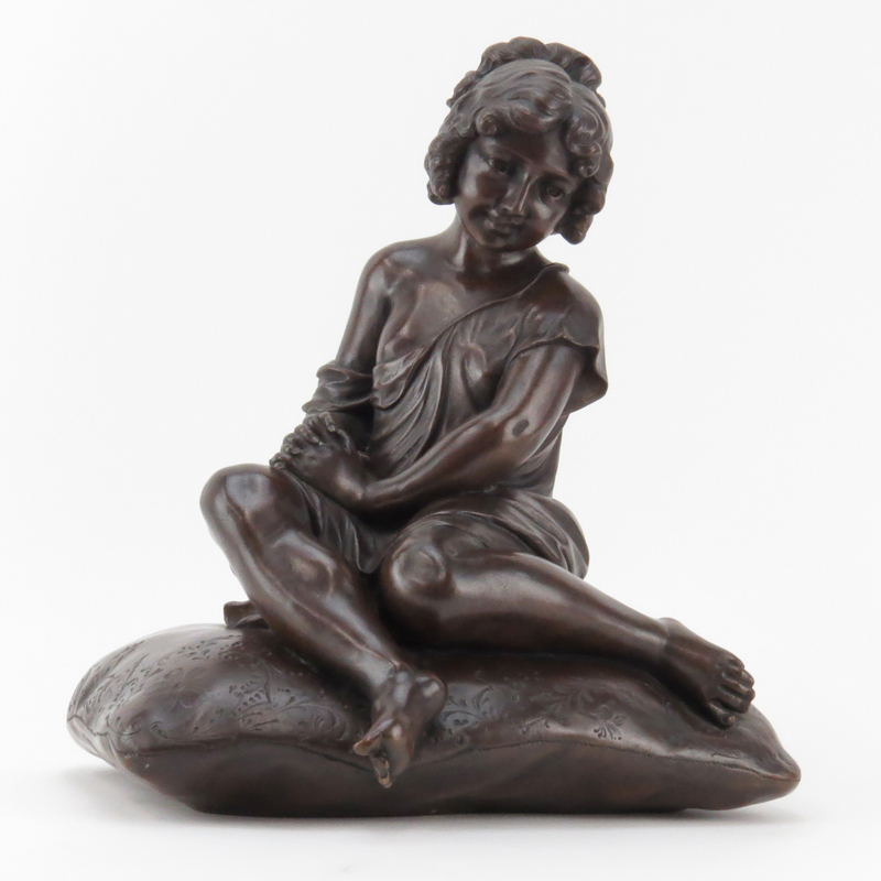 After: Auguste Moreau, French (1834-1917) "Girl on Pillow" Bronze Sculpture Signed on Obverse Side
