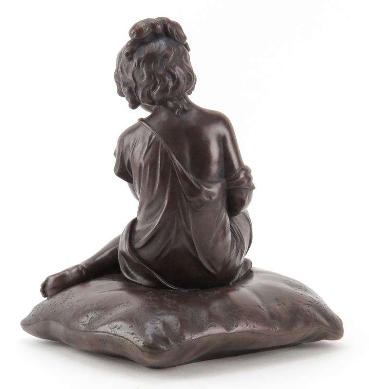 After: Auguste Moreau, French (1834-1917) "Girl on Pillow" Bronze Sculpture Signed on Obverse Side