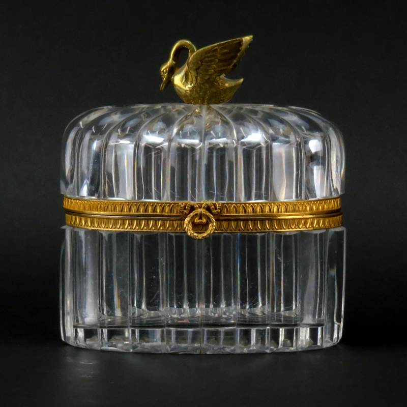 19th Century French Crystal and Brass Dresser Box with Swan Finial