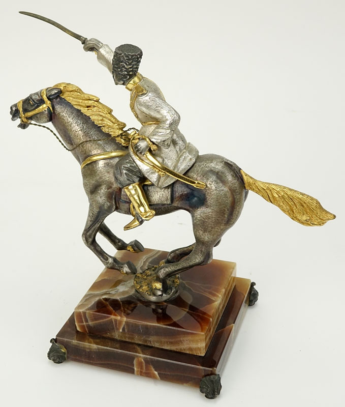 Giuseppe Vasari Silvered and Gilt Bronze Figurine "The Cossack" On Onyx Base