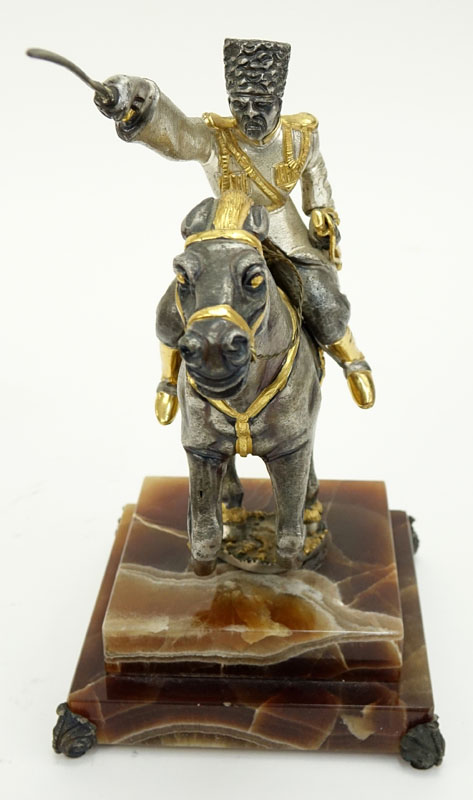 Giuseppe Vasari Silvered and Gilt Bronze Figurine "The Cossack" On Onyx Base