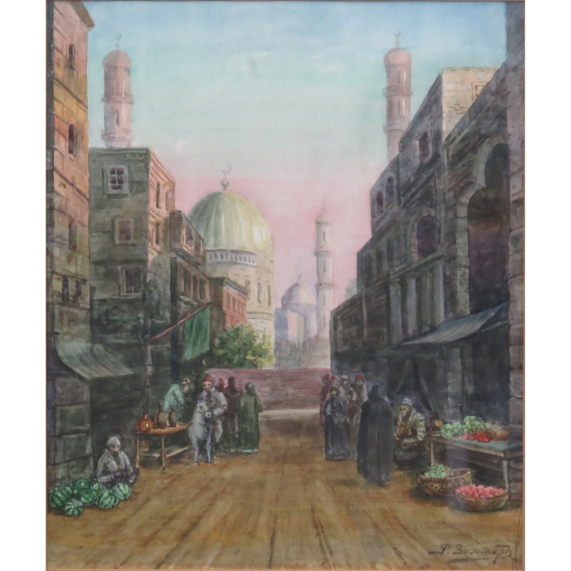 19/20th Century Russian Watercolor, Street Scene with Mosque