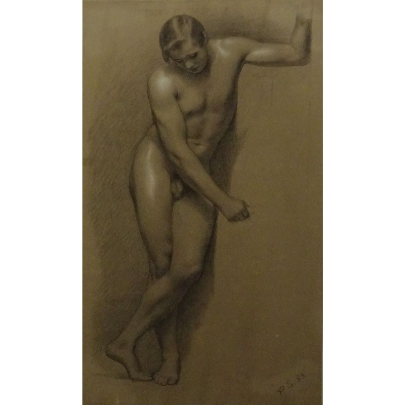 19th Century Pencil drawing with white highlights on tan paper "Male Nude"