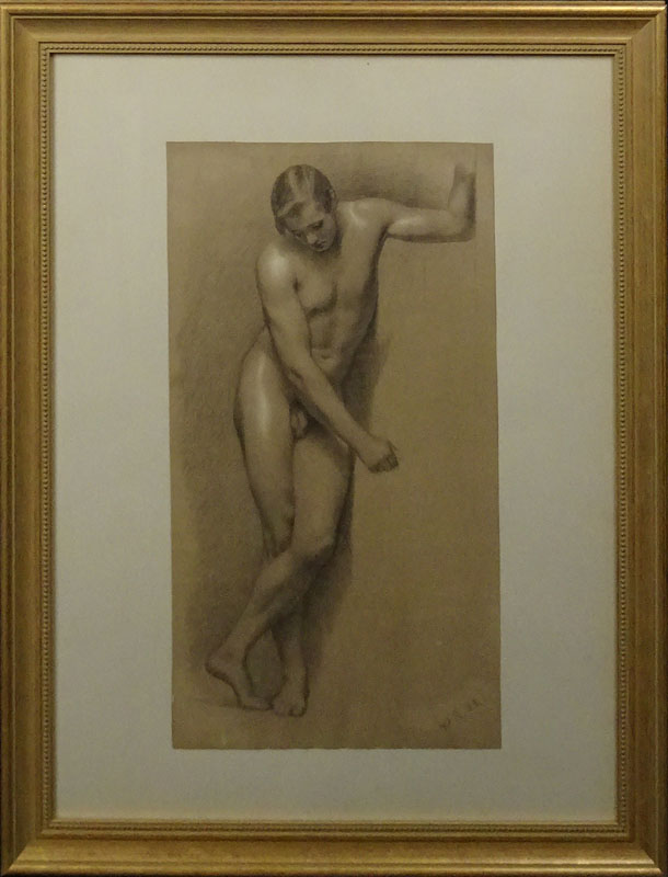 19th Century Pencil drawing with white highlights on tan paper "Male Nude"