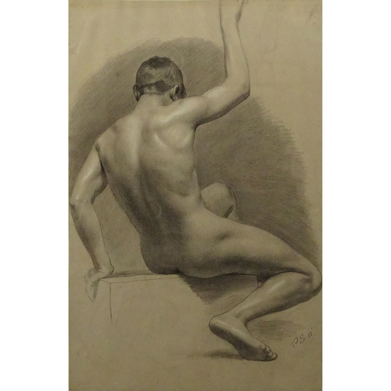 19th Century Pencil drawing with white highlights on tan paper "Male Nude"