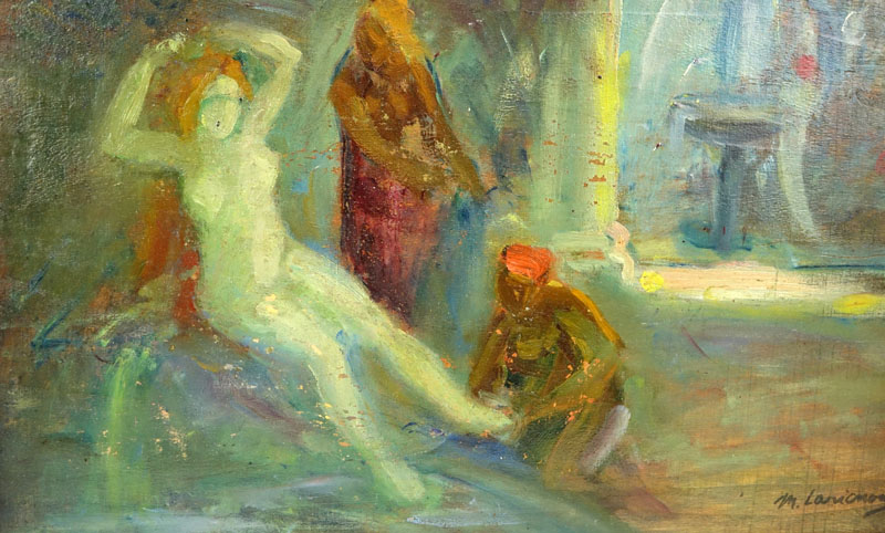 Attributed to: Mikhail Fyodorovich Larionov, Russian (1881 - 1964) Oil on wood panel "Lady At Her Bath"